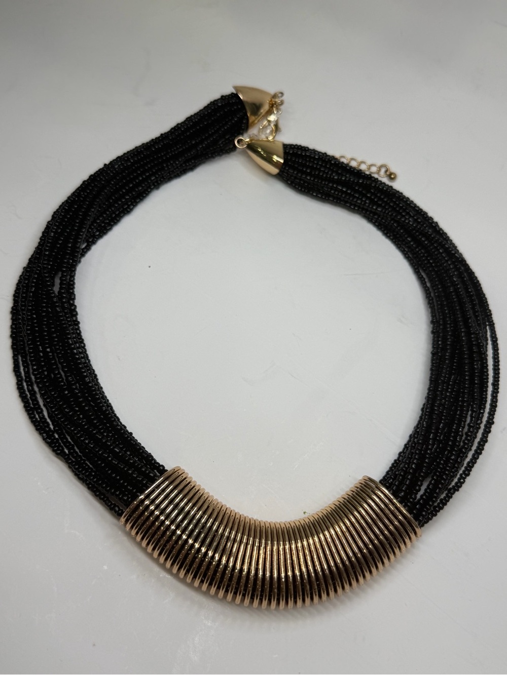 Black Beaded Necklace with Gold Coil Accent - Picture 8 of 9